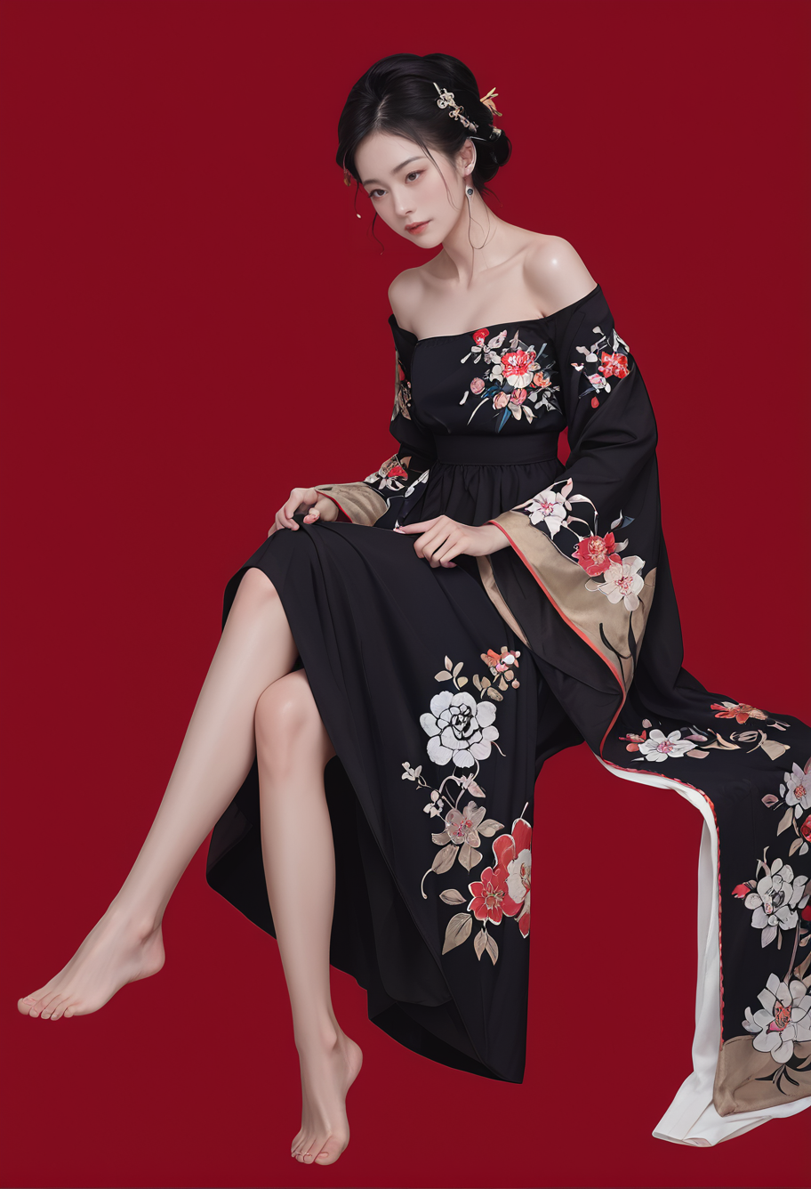 29651-2626706848-red background,1girl,solo,,ruanyi0766,floral print,hanfu,jewelry,off shoulder,wide sleeves,barefoot,strapless,black dress,_lora_.png